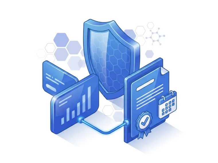Illustration: a price figure linked to an official source document bearing a checkmark seal and an ingest date, behind a shield
